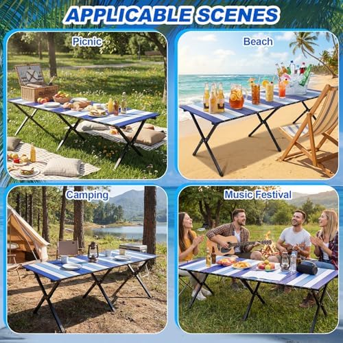 CroBlissful Beach Table Folding Camping Portable Table Striped White Aluminum Side with Carry Bag for Summer Camping Picnics and Outdoor Activities(48x24x18 in,Navy Blue) - Image 6