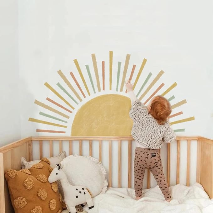 Large Radiant Boho Sunshine Wall Decal for Nursery Playroom | 48.07" x 24.82" Colorful Half Sun Wall Sticker, Peel and Stick Nursery Sun Rise Wall Mural for Kids Bedroom and Classroom - Image 9