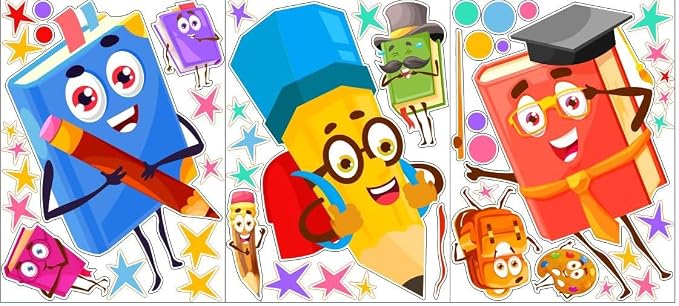 Cartoon Book Window Clings Colorful Double Side Kids Stickers for Classroom | Non-adhesive back to school stickers for glass funny static clings decoration pencil decals for nursery playroom door library - Image 8
