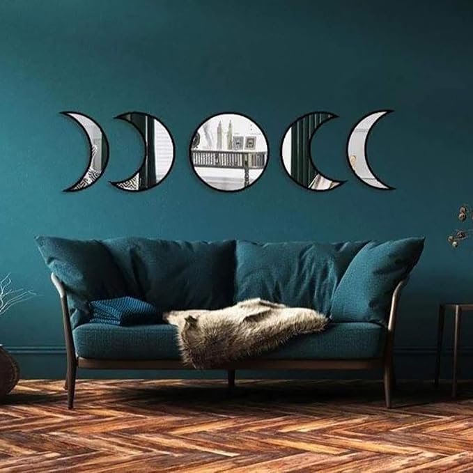 5 Pieces Scandinavian Natural Decor Acrylic Wall Decorative Interior Design Wooden Moon Phase Mirror Bohemian Wall Decoration for Home Living Room Bedroom - Not Real Mirror(Black) - Image 8