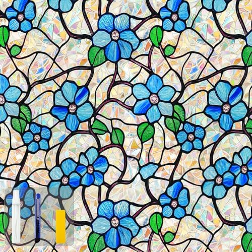 QHY Sunshine Privacy Window Film with Installation Tool Decorative Stained Glass Window Stickers Reusable Window Film (Indigo Rainbow, 45.2 x157.4) by QHYsunshine