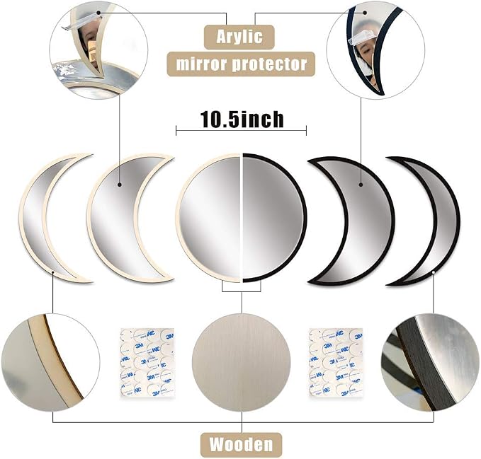 MAXROCK Moon Phase Mirror Set, 5 Piece Scandinavian Natural Decor Wall Decorative Home Decor Bohemian Moon Mirror for Living Room Bedroom, Acrylic Mirror, Not Real Mirror - Image 6