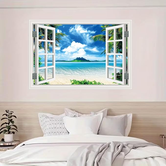 Lmyhome Fake Window Wall Mural Blue Sky Ocean Beach (48"x32") | Peel and Stick Faux Window Wall Sticker Decal Poster for Bedroom Home Decor - Image 7