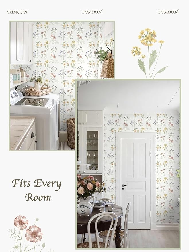 Dimoon 17.3''x393'' Floral Peel and Stick Wallpaper Boho Vintage Botanical Farmhouse Renter Friendly Contact Paper Bathroom Kitchen Village Country Cottage Small Floral Wallpaper Waterproof Vinyl Roll - Image 9
