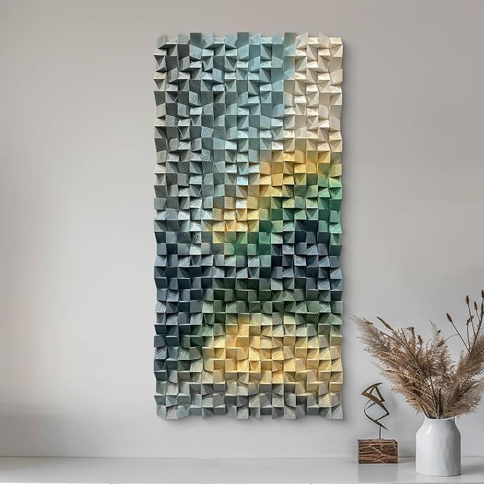 LIUZEYUE Wooden Wall Art, Layered Color Bands, Geometric Art | modern wood wall decor; blue gray and sage, broad blank-wall coverage; dining nook vertical blank-wall decor; 23.6 x 47.2 in - Image 9