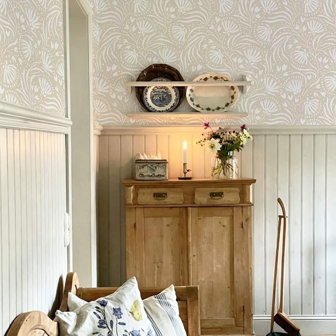 Ismoon Boho Peel and Stick Wallpaper Beige Floral Contact Paper Boho Stick on Wall Paper Textured Removable Self Adhesive Vinyl Wallpaper for Bedroom Bahtroom Wall Decor 17.3x196in - Image 8