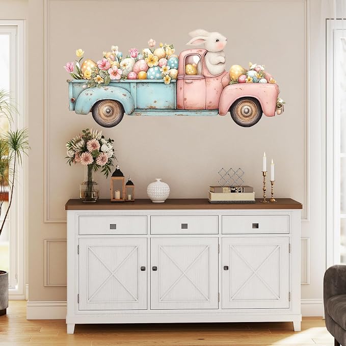 ANNA QUEEN Easter Bunny Truck Wall Decals Peel and Stick Vintage Easter Rabbit Truck Wall Stickers Removable Vinyl Easter Egg Wall Decor for Nursery Kids Room Spring Holiday Wall Art - Image 8