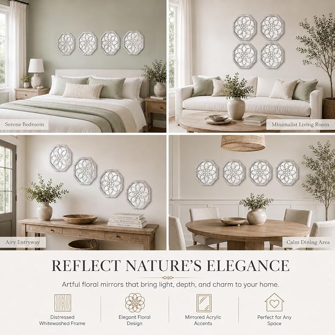4 Pack 12 Inch Octagon Grey Rustic Wood Frame Acrylic Wall Mirrors, Farmhouse Boho Wall Art Decor for Living Room, Bedroom, Hallway, Entryway, Bathroom & Office - Image 9