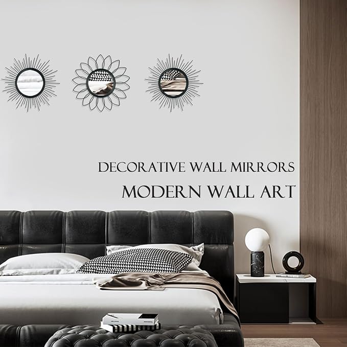 3 Pack Metal Mirrors for Wall Sunburst Wall Mirrors Home Décor Decorative Hanging Wall Art for Living Room Bedroom Entryway (Black, Flower+Sunburst) - Image 7