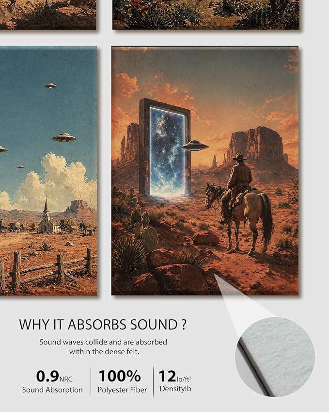 VIYYIEA Acoustic Art Wall Panel, Western Cowboys Sound Absorbing Panels | 48×32 in UFO Soundproof Panels Bedroom Gaming Room Dorm Whimsical Decor, 8Pcs Acoustical Alien Prints 3D Bulletin Board - Image 7
