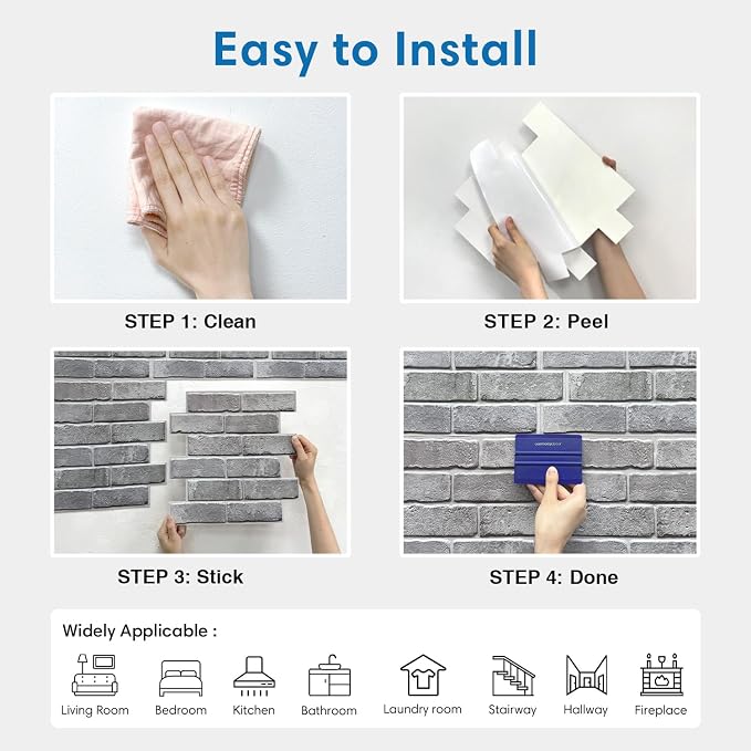 COMSTICKC 3D Peel and Stick Faux Brick Wall Panels for Quick DIY Wall Decor | Gray, 10 Pcs 11.8" x 11.8", Not Real Brick, Small Size Brick, Lightweight Thin PVC Decorative Wall Sticker, Cover 9.7 sq ft - Image 9