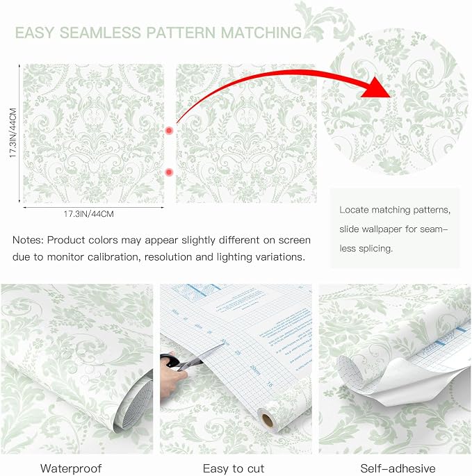 Peel and Stick Wallpaper for Bedroom Sage Green Damask Self-Adhesive | 393" × 17.3" White & Sage Green Vintage Scroll Removable Waterproof Vinyl Wall Decor for Bathroom, Nursery - Image 9