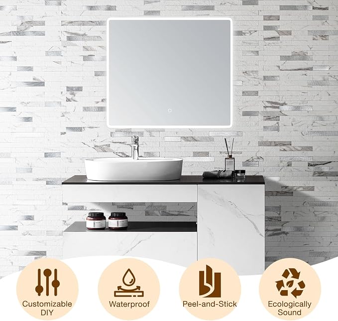 Peel and Stick Backsplash Tile Waterproof Removable PVC Wall Sticker 3D Faux Stone Marble Brick White Accent Panels (Rough White Marble - Metal Silver, 40 Tiles - 18 sq. ft. (1.68 m²)) - Image 8