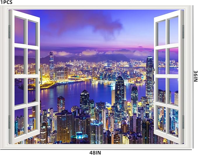 Self-Adhesive Wall Sticker Romantic Living Room Bedroom Study Office Decorative Wall Sticker Ocean Scenery Fake Window Sticker Mural (36"×48", City Night) - Image 6
