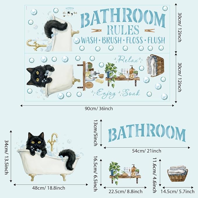 LHIUEM Cat Bathroom Wall Decals,Funny Black Cat Wall Stickers,Watercolor Bubble Wallpaper,Cute Cat in Tub Murals,Bathroom Rules Pictures,Peel and Stick for Restroom Home Kids Room - Image 6