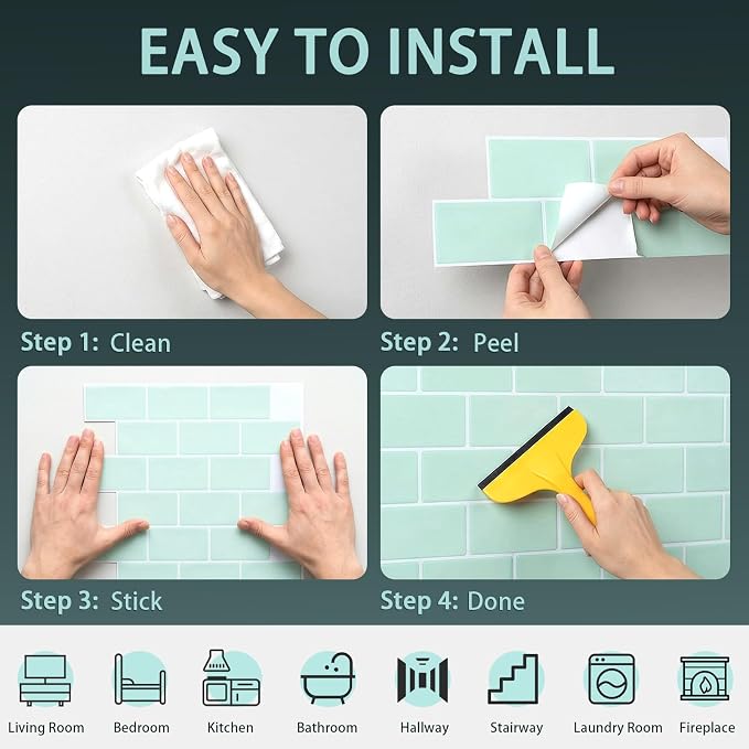 Arttown Peel and Stick 3D Wall Backsplash, 20-Sheet, 12" × 12" Aqua Green | Subway Tiles Self Adhesive Thicker Design Wall Tile Panel Wallpaper for Bathroom Balcony Kitchen - Image 7