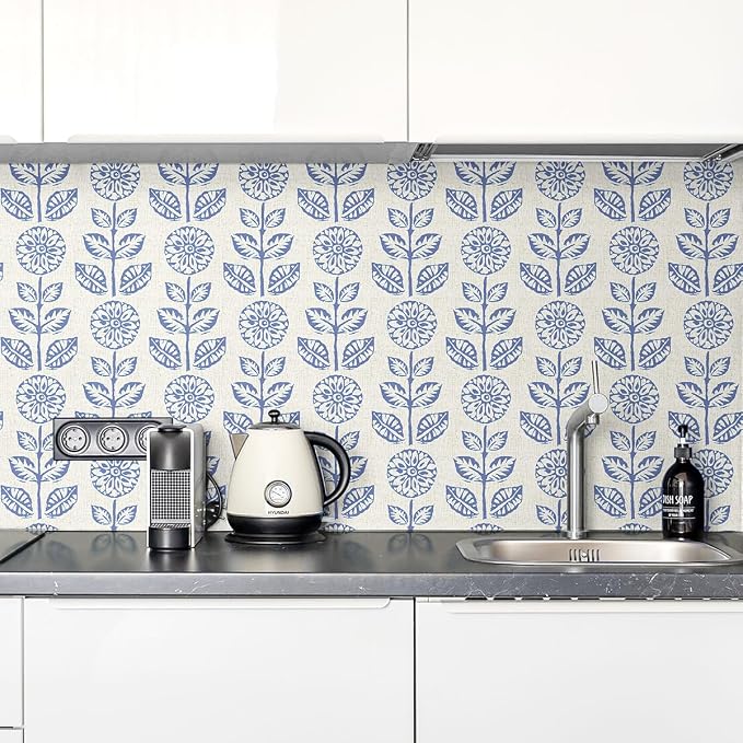 Wudnaye Blue Floral Peel and Stick Wallpaper for Bathroom 17.7in×118in | Blue Floral Contact Paper Peel and Stick Vintage Self Adhesive Wallpaper Removable Waterproof Wall Paper for Kitchen Cabinets - Image 8