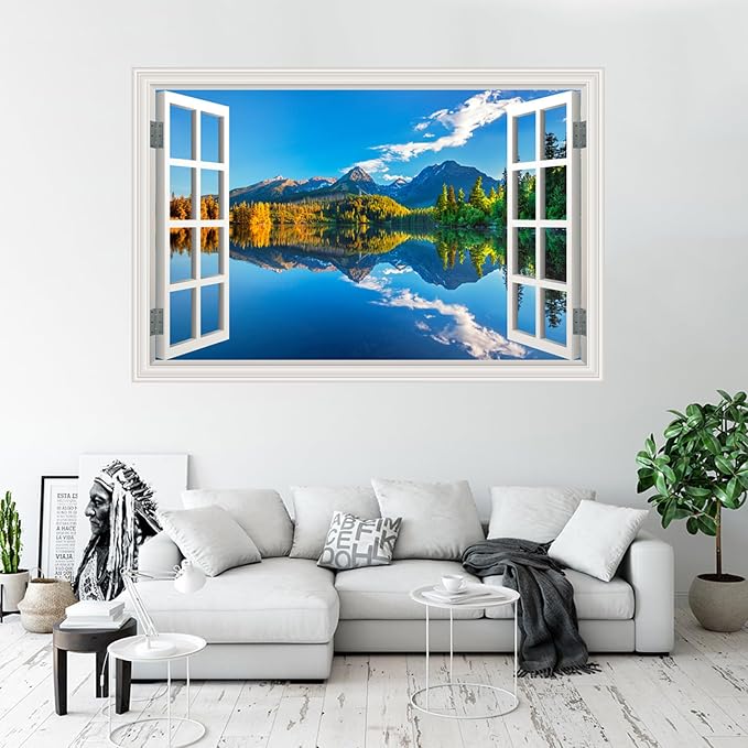 Fake Window Wall Decal- Summer Mountains Lake Forest Open Art Sticker | Faux Window Natural Scenery Landscape Mural | Stick and Peel Wall Decals|for Room Bedroom Office Scene Picture Decor|24"x1 - Image 9