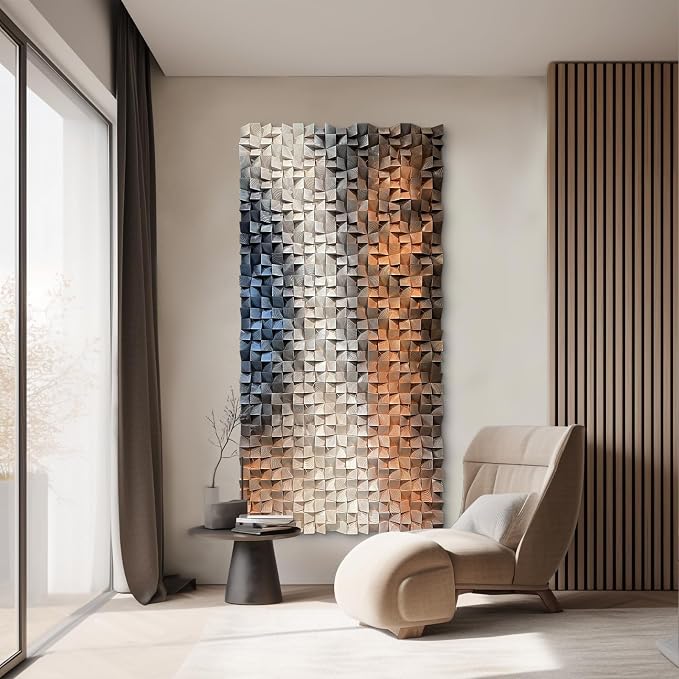 LIUZEYUE Contrasting Pine Relief, Modern Wood Wall Sculpture, Block Relief | 3D geometric wood wall decor; blue gray and ivory, tactile wood mosaic; reception lounge feature-wall anchor; 27.6 x 55.1 in - Image 9