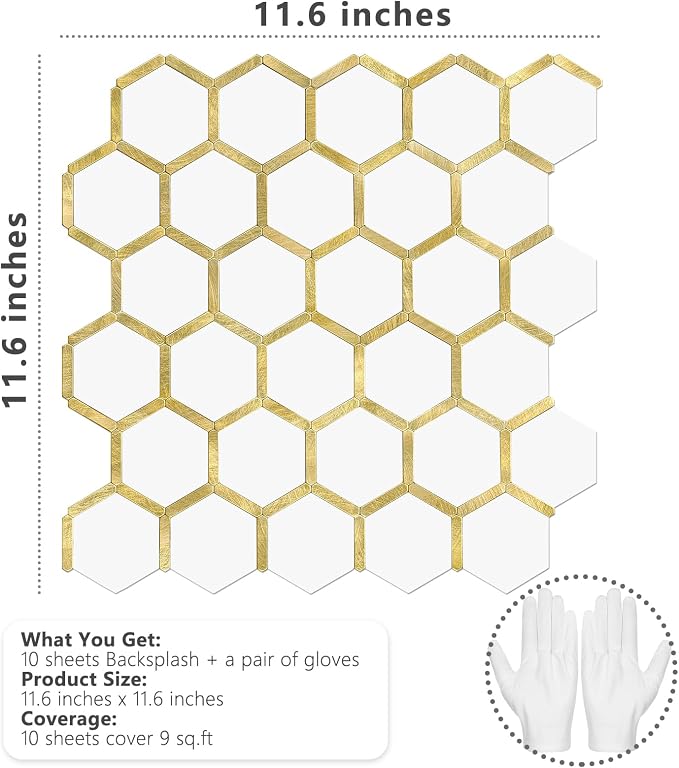 STICKGOO Hexagon Peel and Stick Backsplash Tile, Stick on Backsplash for Kitchen and Bathroom, Pure White PVC Mixed Metal Gold Self Adhesive Wall Tiles(10 Sheets, Seamless) - Image 7