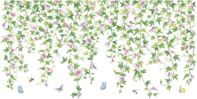 2 PCS Morning Glories Vine Wall Decals Purple Flowers Wall Stickers Green Leaves Wall Decal DIY Removable Butterfly Bee Art Murals Wallpaper for Girls Bedroom Living Room Offices Classroom Home Decor - Image 8