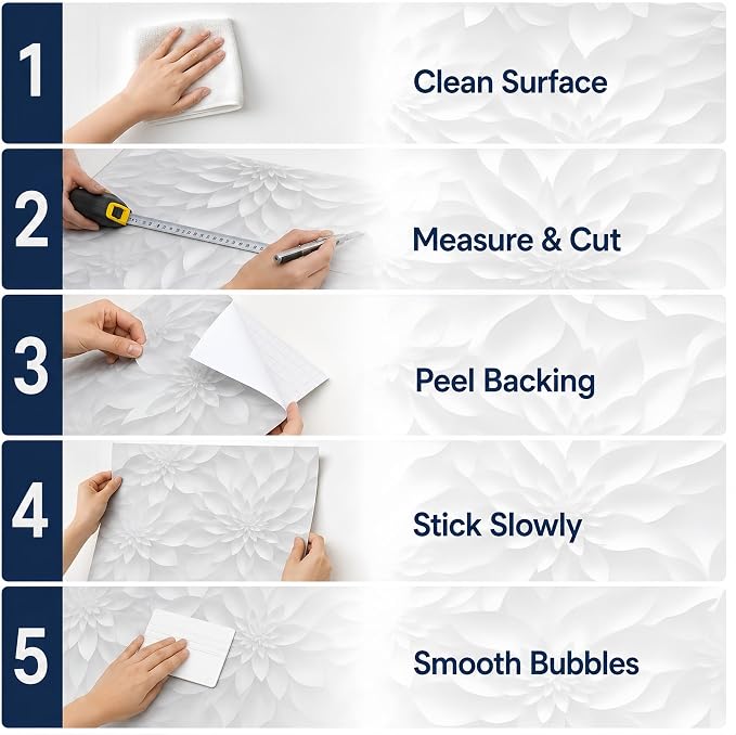 Peel and Stick Wallpaper White Gray Lotus Floral Small | 17.7 in x 6.6 ft Self Adhesive Floral Contact Paper for Smooth Dry Surfaces Removable and Renter Friendly - Image 6