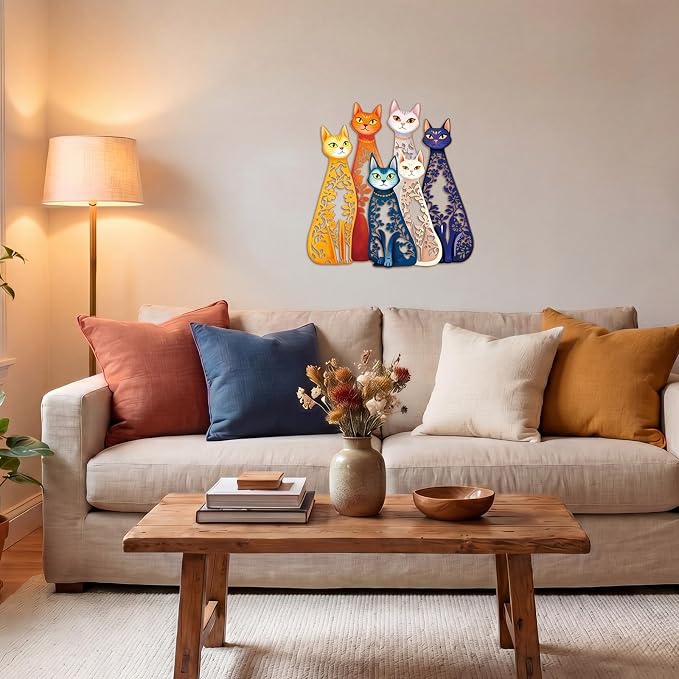 Wesiti 6 Pcs Iron Cat Wall Art, Colorful Mid Century Decor for Cat Lovers | Hollow Sculptures 11.42x11.22in Each, Retro Style for Living Room Bedroom Kitchen Office, Unique Gift for Enthusiasts - Image 7
