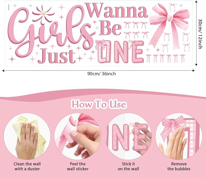 LHIUEM Pink Girls Just Wanna Be One First Birthday Decals Pink Bow Knot 1st Birthday Party Stickers for Girl Gift Birth Theme Girls Just Wanna Be One wall Decal Banner for Arch Baby Shower Backdrop - Image 7