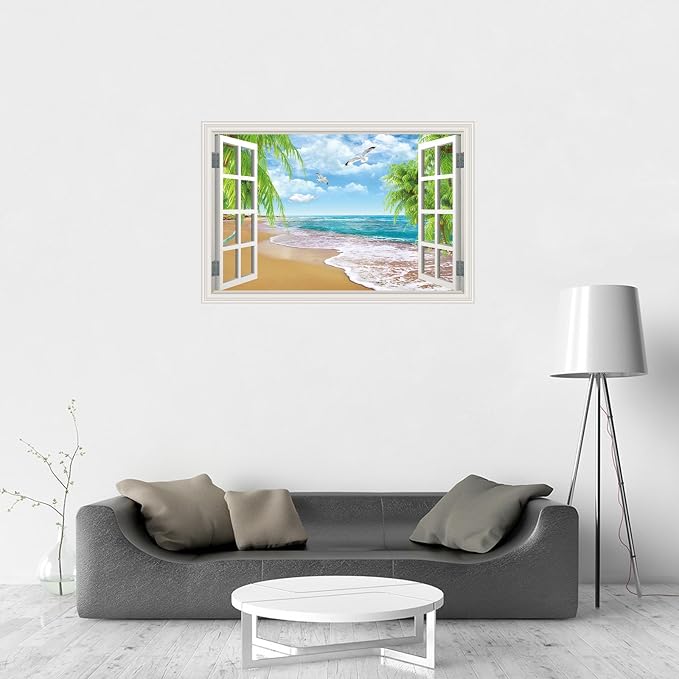 Fake Window Wall Decal- Summer Beach Ocean Coconut Trees Open Art Sticker | Faux Window Natural Scenery Landscape Mural| Stick and Peel Wall Decals|Room Bedroom Office Decor|Large Murals 66"x48" - Image 9