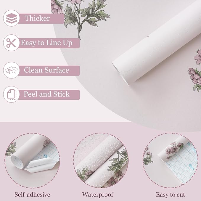 Toduso Peel and Stick Wallpaper Pink Floral Wall Paper Vintage Contact Paper for Girls Bedroom Flower Self-Adhesive Waterproof Wallpaper for Bathroom Farmhouse Cabinets 17.3" x 78.7" - Image 8
