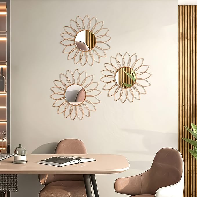 3 Pack Metal Mirrors for Wall Sunburst Wall Mirrors Home Décor Decorative Hanging Wall Art for Living Room Bedroom Entryway (Rose Gold2, Flowers) - Image 7