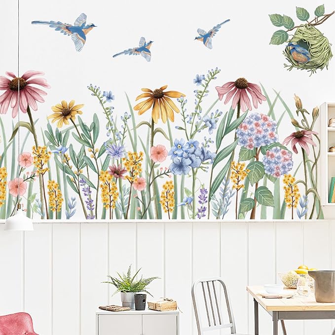 Wildflower Grass Daisy Wall Decals, Garden Floral Birds Flower Wall Stickers, Self-Adhesive Vinyl Wall Art Stickers for Girls Bedroom Living Room Nursery Decor - Image 6