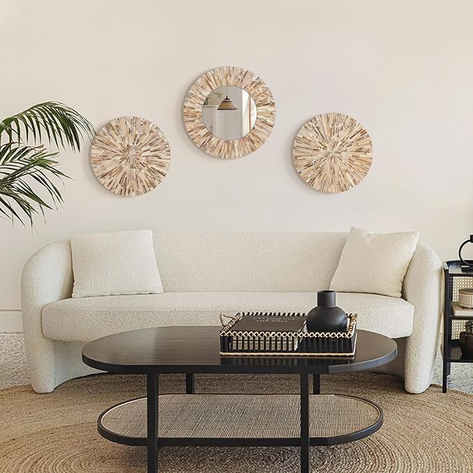 Boho Mother of Pearl Decorative Wall Mirror for Living Room,Brown - Image 9