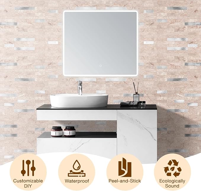 Peel and Stick Backsplash Tile Waterproof Removable PVC Wall Sticker 3D Faux Stone Marble Brick White Accent Panels (Pink Marble - Metal Silver, 20 Tiles - 9 sq. ft. (0.84 M²)) - Image 8
