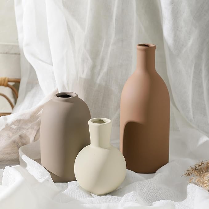 Ceramic Vases Set of 3, Modern Neutral Rustic Farmhouse Home Decor Pottery Pampas Decoration for Living Room, Table, Bathroom, Bedroom, Entryway - Brown - Image 9