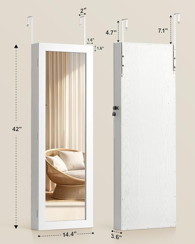 Nicetree 6 LEDs Mirror Jewelry Cabinet, Jewelry Organizer with Full Length Mirror, Wall/Door Mounted Jewelry Organizer, Full Length Mirror with Storge (Textured White) - Image 8