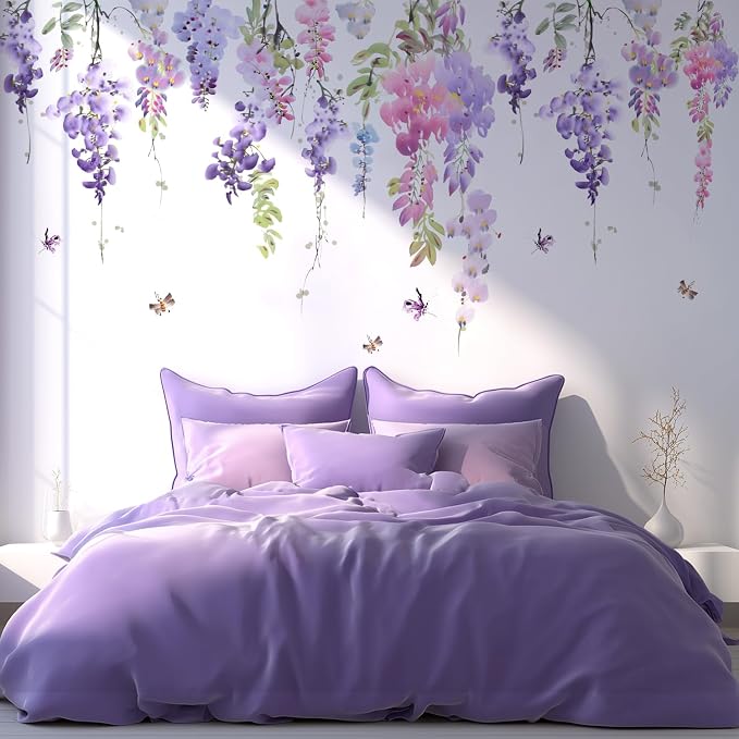 Purple Flowers Wall Decals Peel and Stick, Large Hanging Floral Vinyl Wall Stickers, Removable Vine Home Decor Art for Bedroom Living Room Classroom Office - Image 9