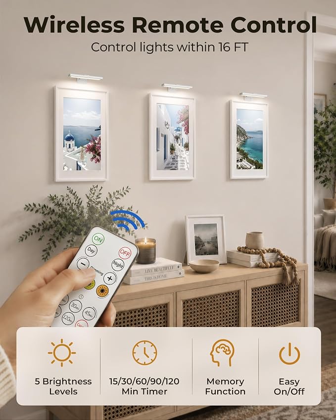 EZVALO Picture Light for Wall, Rechargeable 2400mAh Lights Wireless with IR Remote, 3 Color & Dimmable Magnetic 7.8'' LED Lights Display for Painting, Living Room, Gallery, Bedroom(White-3P) - Image 9