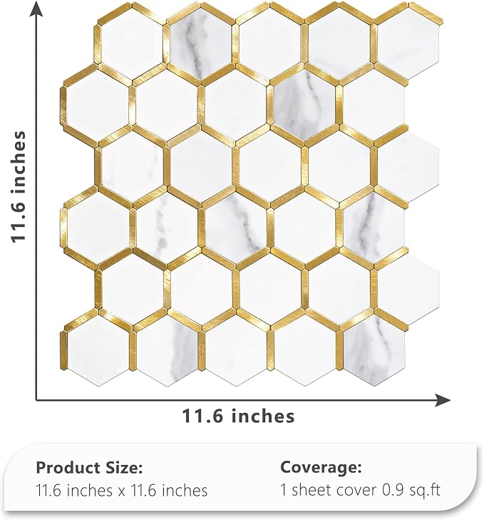 STICKGOO Hexagon Peel and Stick Backsplash Tile, Stick on Backsplash for Kitchen and Bathroom, White Marble Look PVC Mixed Metal Gold Self Adhesive Metal Mosaic Tiles(Sample, Seamless) - Image 6