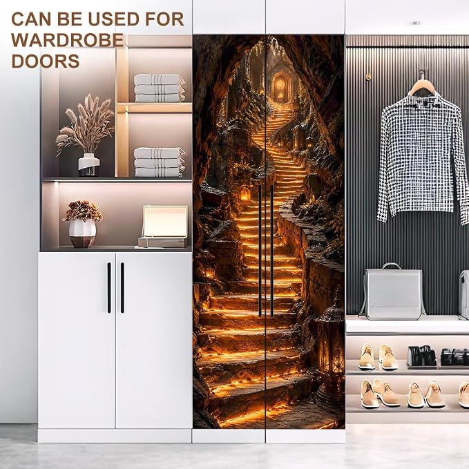 Glowing Cave Staircase Peel and Stick Door Mural 30.31x78.74 in | Glowing cave staircase fantasy scene; self-adhesive vinyl that smooths onto flat hallway or bedroom doors - Image 8