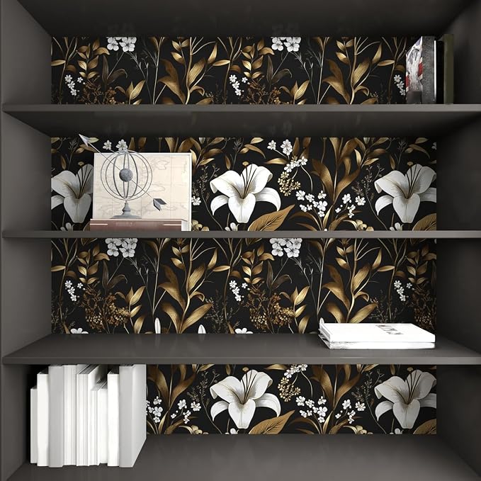 Laatse Vintage Dark Black Golden Floral Peel and Stick Wallpaper 17.5"x393" | Self Adhesive/Removable/Waterproof/Thick Vinyl Contact Paper for Bathroom Bedroom Shelf Cabinet Drawer,Prepasted,Easy Peel - Image 8