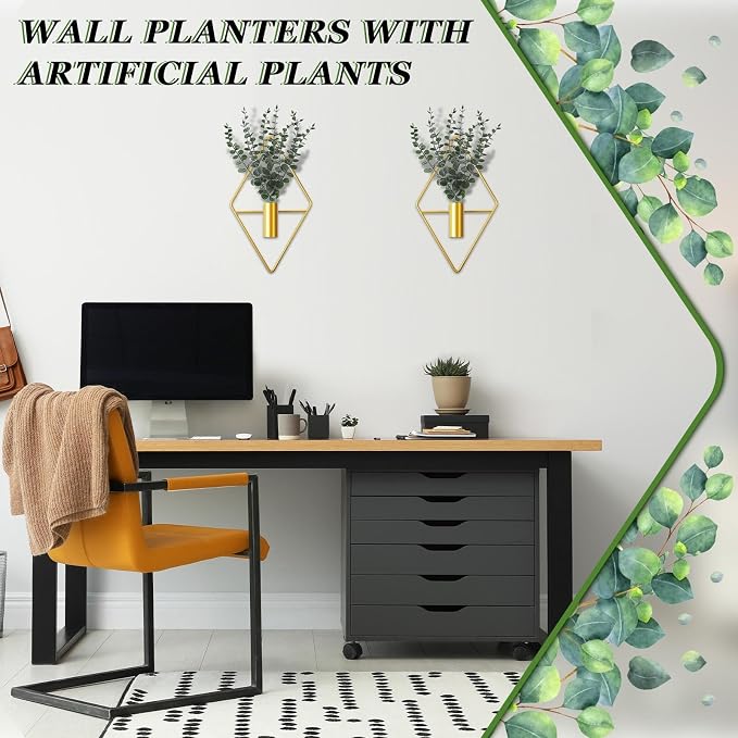 Jexine 4 Pcs Hanging Artificial Planters Wall Decor, Gold, Eucalyptus | Bathroom Wall Decor, Geometric Metal Vase, Indoor Plants, Living Room, Home Office, Entryway, Boho Accent, Wall Mounted - Image 7