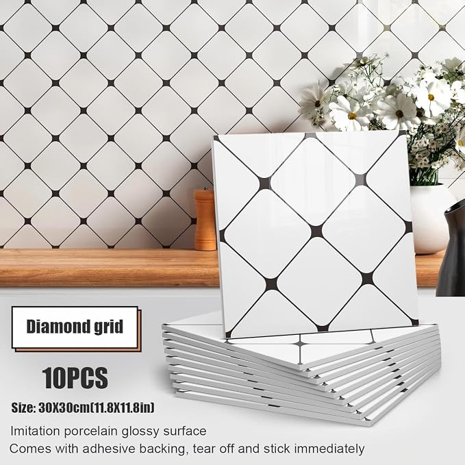 Chejiaye Peel and Stick Backsplash Tiles 10-Pack - White Geometric Self-Adhesive PVC Wall Panels, Waterproof Kitchen Backsplash Stick on Tile for Kitchen,Bathroom, Laundry Room Walls (11.8"x11.8") - Image 9
