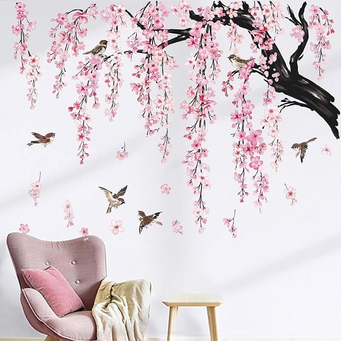 Cherry Blossom Tree Branch Wall Decals, Pink Flower with Birds Wall Sticker | 4 Sheets Wall Decoration Removable Peel and Stick Wallpaper Large Tree Floral Mural for Living Room Girls Bedroom Decor - Image 7