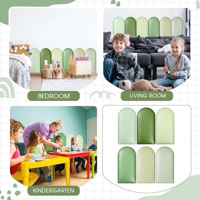 Jetec 6 Pcs Kids Wall Padding Panels, 1.18 Inch Thick Foam Wall Protector, 15.75 x 7.87 Inch Soft 3D Sage Green Safety Panels for Nursery & Playroom - Image 7