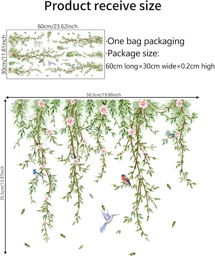 Hanging Vine Wall Stickers - Bird Green Leaves Flowers Decal Peel and Stick Removable Wall Art for Bedroom Living Room Nursery Window Glass Home Decor,30.5 cm x 50.5 cm - Image 6