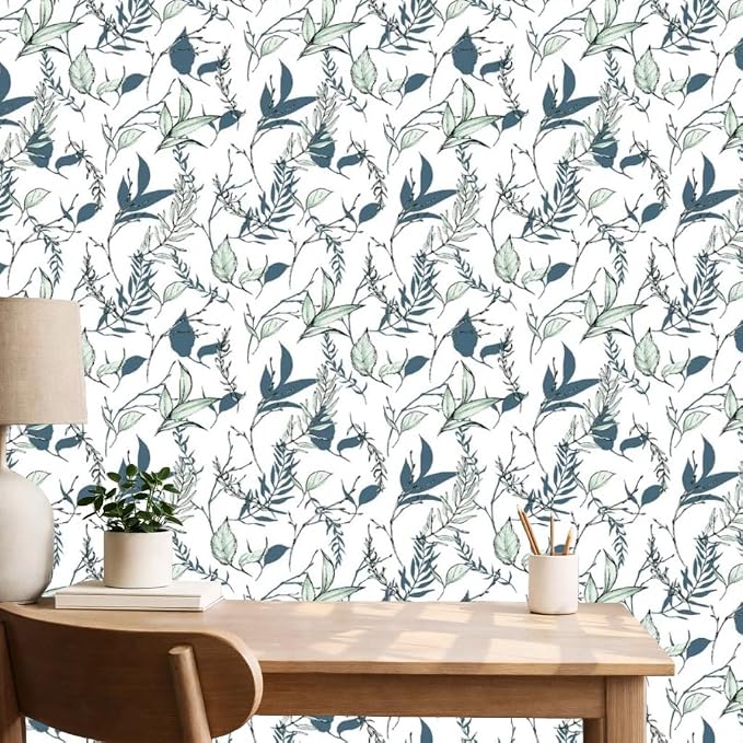 Sage Green and Blue Leaf Peel and Stick Wallpaper 17.7in x 213in | Modern self-adhesive removable self adhesive waterproof wall covering for bathroom and accent walls - Image 8
