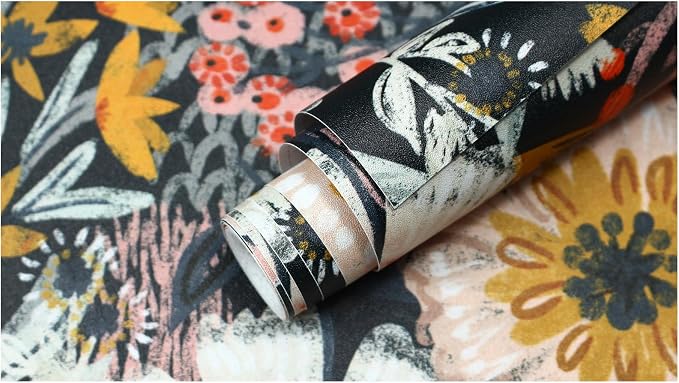 HAOKHOME Navy Pink Floral Peel and Stick Wallpaper Boho Contact Paper Decor | Textured Stick on Wall Paper Renter Friendly Removable Orange Flowers Bathroom Bedroom Cabinet Drawer Craft 17.3in x 6.6ft - Image 9