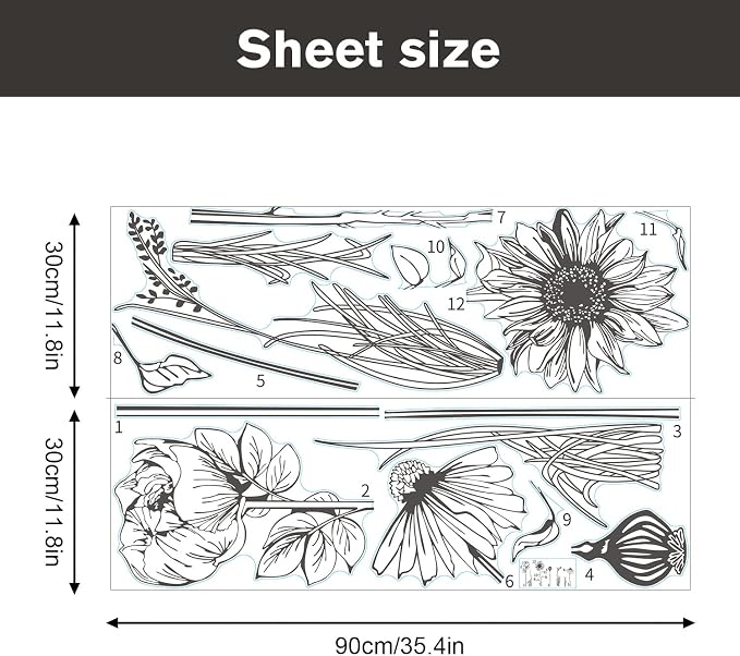 Black Simple Flower Plant Wall Decals, 2 Sheets Large Boho Floral Modern Wall Stickers Peel Stick Sketch Wildflower Wallpaper Art Decor for Bedroom Living Room Office Gifts for Mom(11.8x35.4 in/Sheet) - Image 8