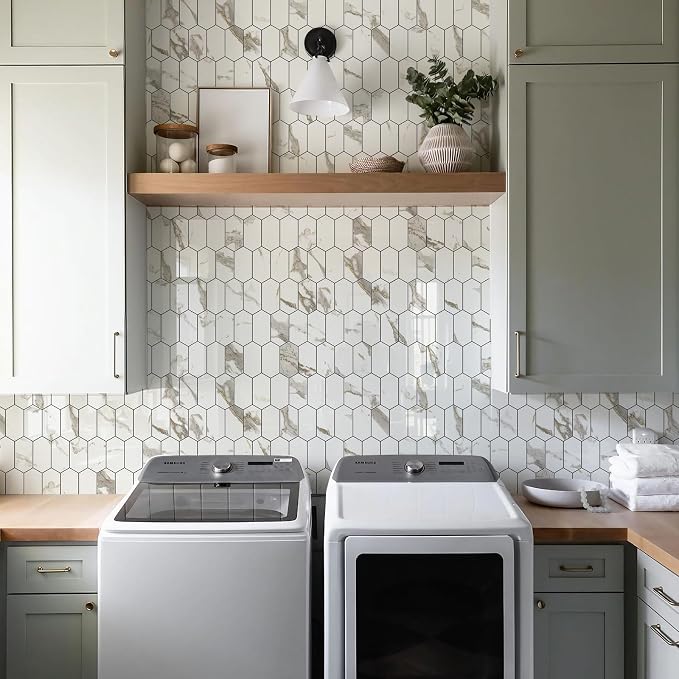 Vamos Tile Long Hexagon Peel and Stick Backsplash Tile - 10 Sheets Stick on Backsplash for Kitchen and Bathroom 12.4 x 12 Inch Glossy White Marble with Gold Veining PVC Self Adhesive Mosaic Wall Tiles - Image 7